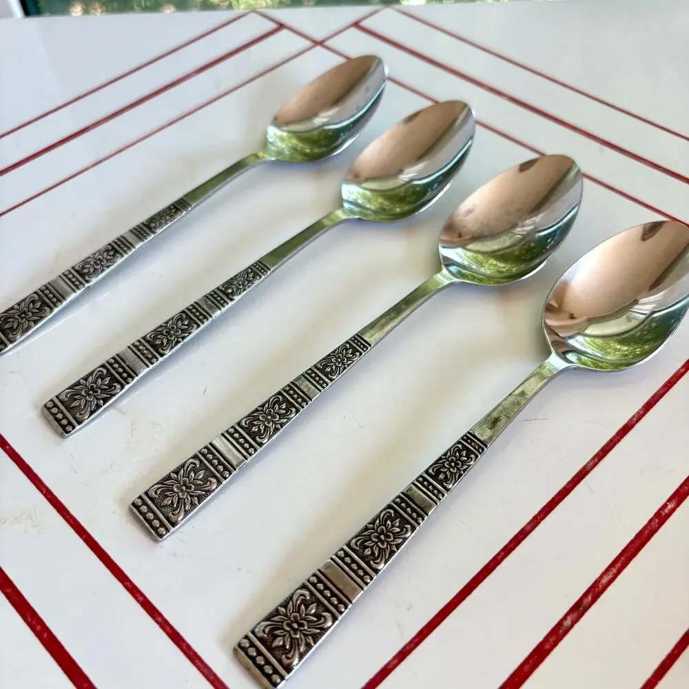 Vintage Tremont Japan Floral Teaspoons Set of 4 MCM Stainless Flatware